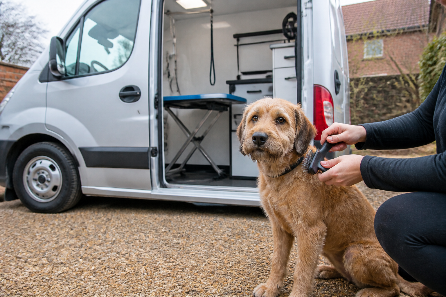A calm dog receiving gentle coat brushing beside a mobile grooming van