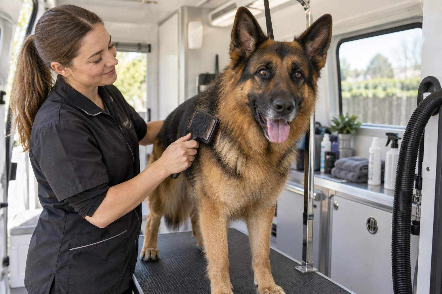 Relaxed German Shepherd receiving gentle coat brushing inside a clean mobile grooming van