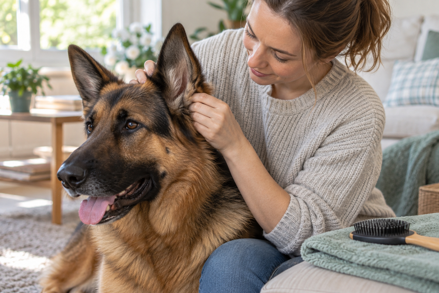 Gentle at-home brushing and ear-area coat check for a German Shepherd