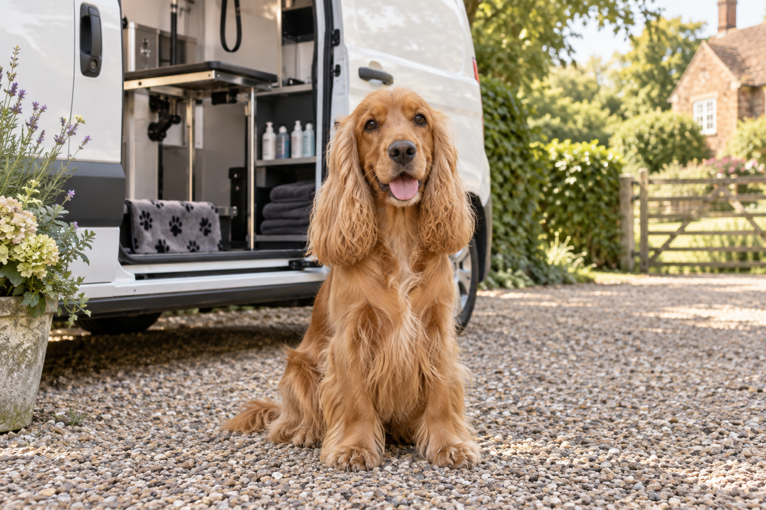 A calm silky-coated dog with a freshly brushed coat beside a mobile grooming van in West Sussex