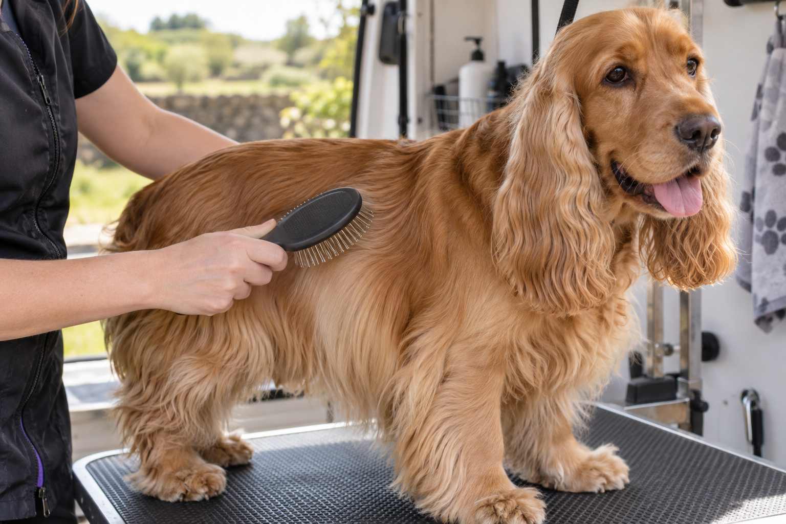 Gentle brushing of a silky dog coat with a soft pin brush